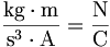 \frac{\mathrm{kg}\cdot\mathrm{m}}{\mathrm{s}^3\cdot\mathrm{A}}
=\frac{\mathrm{N}}{\mathrm{C}}